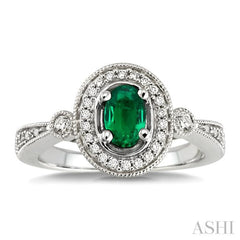 6x4 MM Oval Cut Emerald and 1/5 Ctw Round Cut Diamond Ring in 14K White Gold