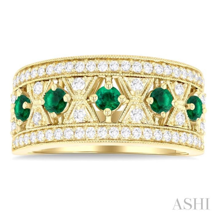 2.8 MM Hexagon Window Emerald and 1/2 Ctw Round Cut Diamond Precious Fashion Band in 14K Yellow Gold