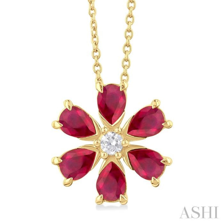 4X3 MM Floral Blossom Pear Cut Ruby and 1/20 Ctw Round Cut Diamond Precious Pendant With Chain in 14K Yellow Gold
