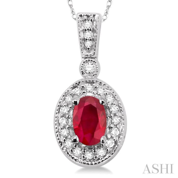 6x4 MM Oval Cut Ruby and 1/8 Ctw Round Cut Diamond Pendant in 14K White Gold with Chain