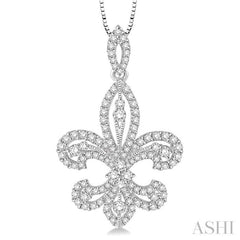 1 Ctw Round Cut Diamond Fleur De Lis Diamond Pendant in 14K White Gold with Chain