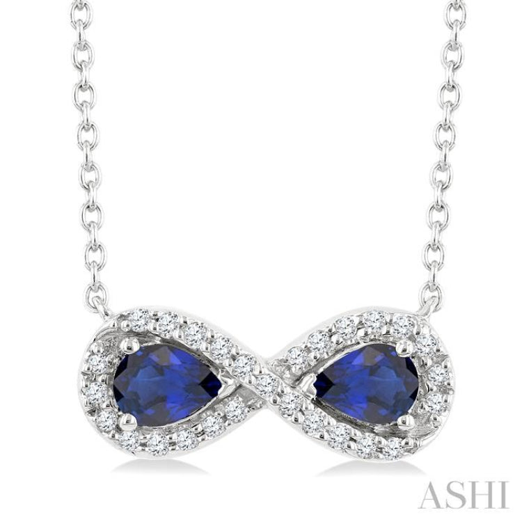 4X3 MM Pear Shape Sapphire and 1/10 Ctw Single Cut Diamond Precious Infinite Halo Pendant With Chain in 10K White Gold
