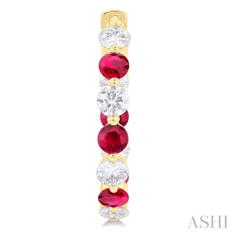 3.3 MM Round Cut Ruby and 1 5/8 Ctw Round Cut Diamond Precious Inside-Out Alternating Hoop Earrings in 14K Yellow Gold