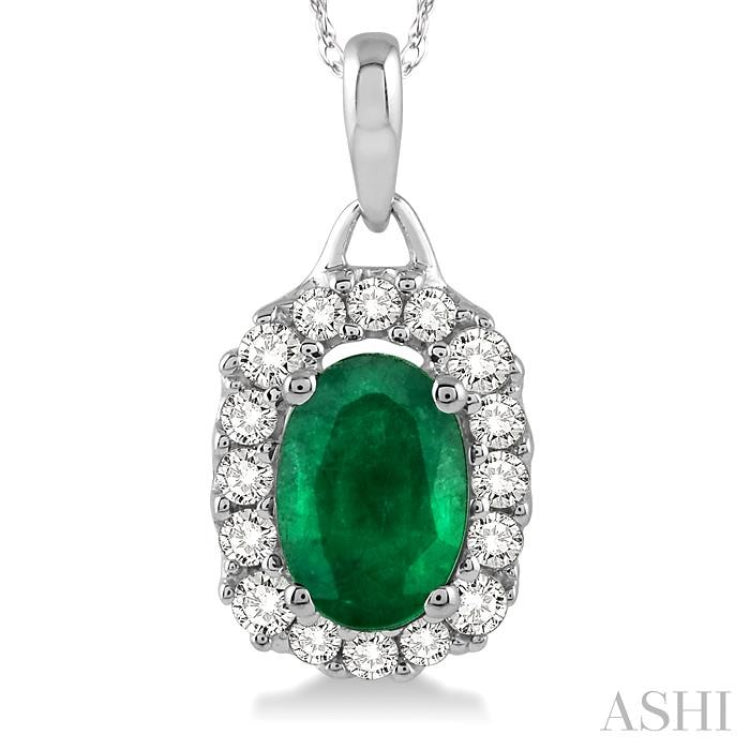 6x4 MM Oval Cut Emerald and 1/6 Ctw Round Cut Diamond Precious Pendant in 14K White Gold with Chain