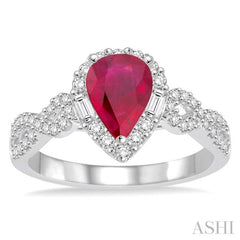 7x5 MM Pear Shape Ruby and 1/2 Ctw Diamond Precious Ring in 14K White Gold