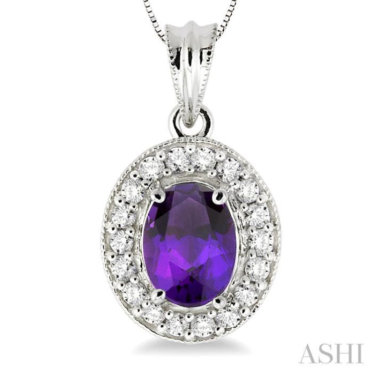 8x6 MM Oval Cut Amethyst and 1/3 Ctw Round Cut Diamond Pendant in 14K White Gold with Chain