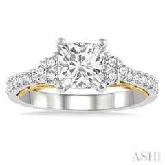 1/3 Ctw Cushion Shape Tri Mount Round Cut Diamond Semi-Mount Engagement Ring in 14K White and Yellow Gold