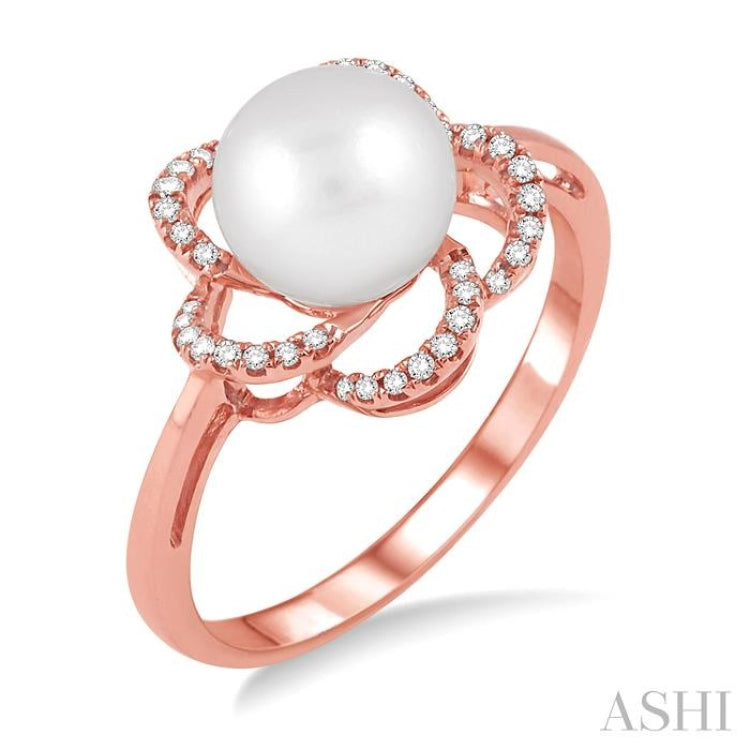 7 MM Cultured Pearl and 1/10 Ctw Single Cut Diamond Ring in 14K Rose Gold