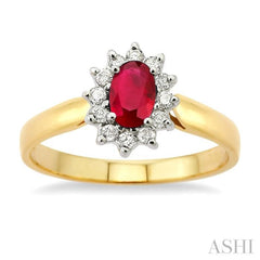 6x4MM Oval Cut Ruby and 1/5 Ctw Round Cut Diamond Ring in 14K Yellow Gold