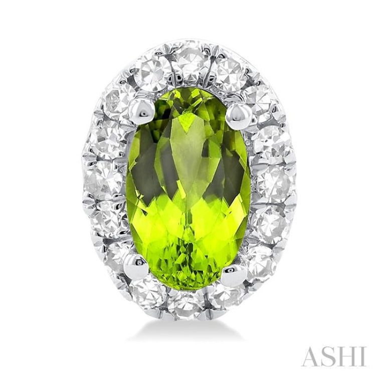 5x3 MM Oval Shape Peridot and 1/8 Ctw Single Cut Diamond Halo Semi-Precious Stud Earrings in 10K White Gold