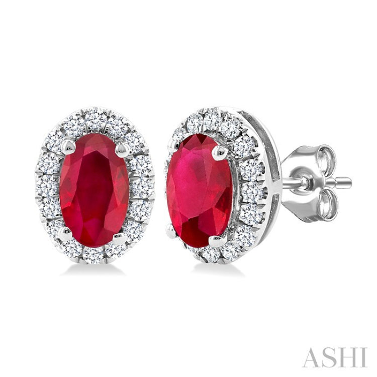 5x3 MM Oval Shape Ruby and 1/8 Ctw Round Cut Diamond Halo Precious Stud Earrings in 10K White Gold