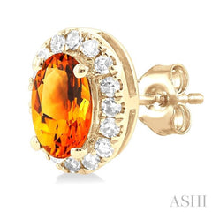 5x3 MM Oval Shape Citrine and 1/8 Ctw Single Cut Diamond Halo Semi-Precious Stud Earrings in 10K Yellow Gold