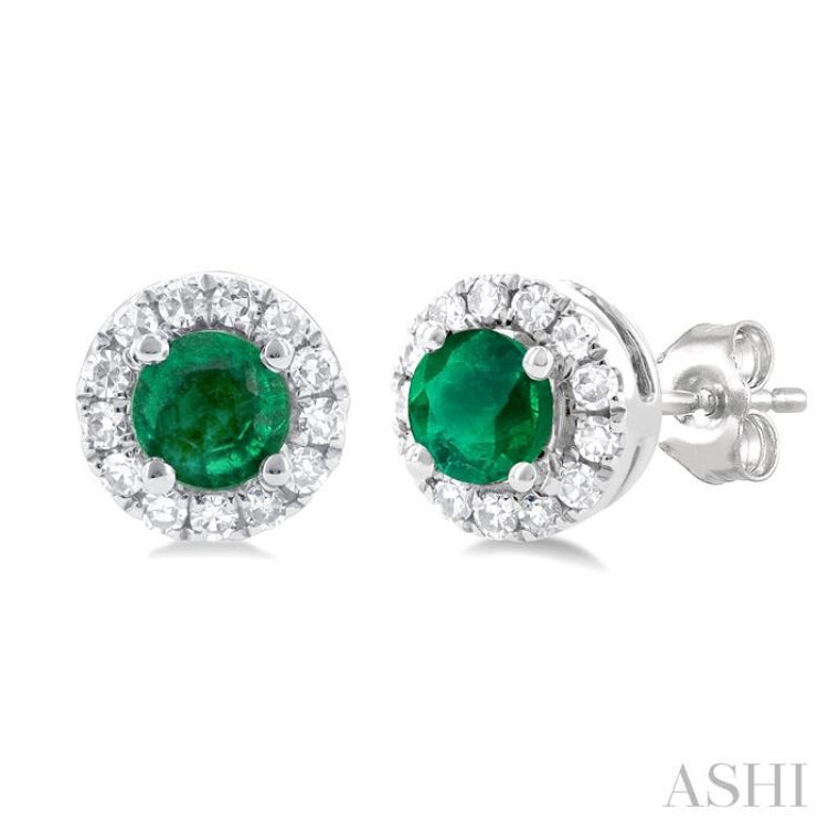 3.25 MM Round Emerald and 1/10 Ctw Single Cut Diamond Halo Precious Stud Earrings in 10K White Gold