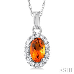 5x3 MM Oval Shape Citrine and 1/20 Ctw Single Cut Diamond Halo Semi-Precious Pendant with Chain in 10K White Gold