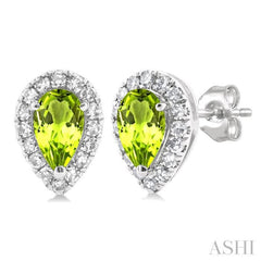 5x3 MM Pear Shape Peridot and 1/8 Ctw Single Cut Diamond Halo Semi-Precious Stud Earrings in 14K White Gold