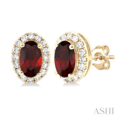 5x3 MM Oval Shape Garnet and 1/8 Ctw Single Cut Diamond Halo Semi-Precious Stud Earrings in 10K Yellow Gold