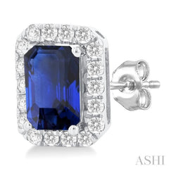 6x4 MM Octagonal Shape Sapphire and 1/4 Ctw Round Cut Diamond Halo Precious Stud Earrings in 10K White Gold