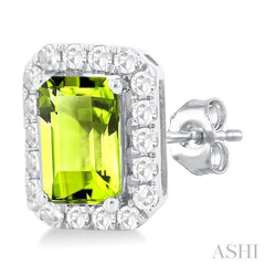 6x4 MM Octagonal Shape Peridot and 1/4 Ctw Round Cut Diamond Halo Semi-Precious Stud Earrings in 14K White Gold