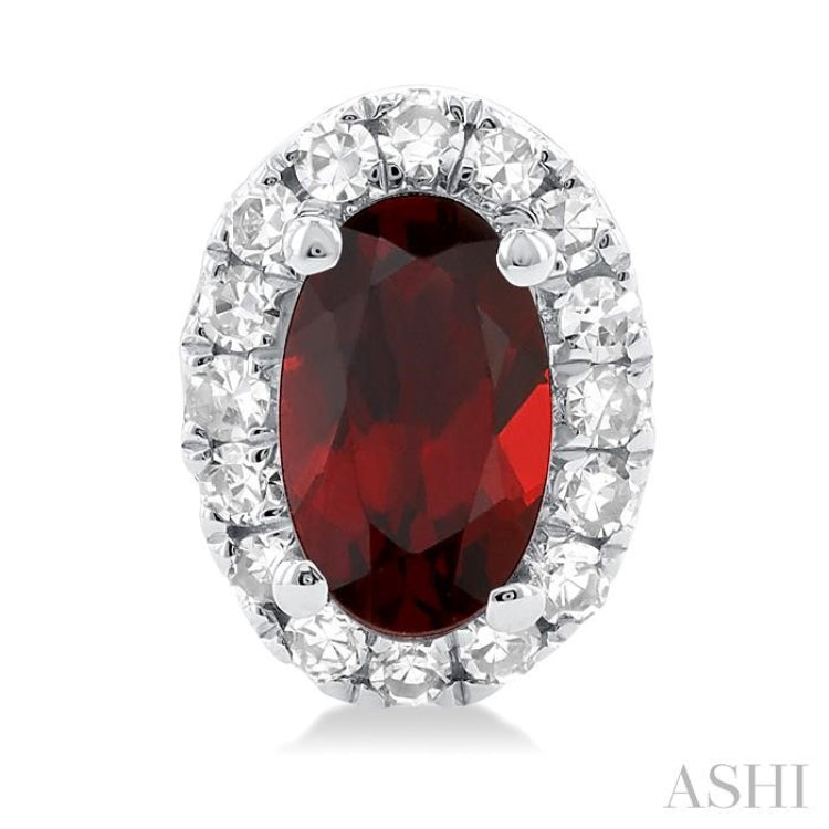 5x3 MM Oval Shape Garnet and 1/8 Ctw Single Cut Diamond Halo Semi-Precious Stud Earrings in 14K White Gold