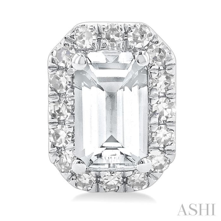 5x3 MM Octagonal Shape White Topaz and 1/8 Ctw Single Cut Diamond Halo Semi-Precious Stud Earrings in 14K White Gold