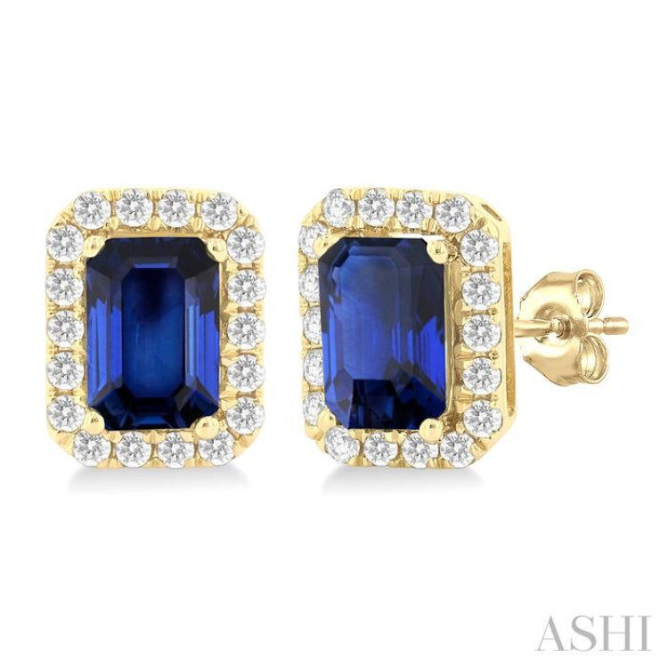 6x4 MM Octagonal Shape Sapphire and 1/4 Ctw Round Cut Diamond Halo Precious Stud Earrings in 10K Yellow Gold