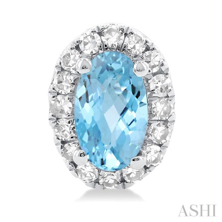 5x3 MM Oval Shape Aquamarine and 1/8 Ctw Single Cut Diamond Halo Semi-Precious Stud Earrings in 14K White Gold