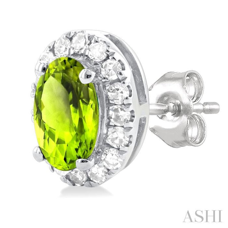 5x3 MM Oval Shape Peridot and 1/8 Ctw Single Cut Diamond Halo Semi-Precious Stud Earrings in 14K White Gold