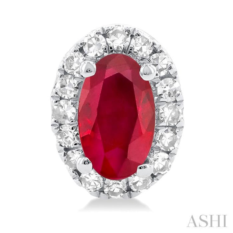 5x3 MM Oval Shape Ruby and 1/8 Ctw Single Cut Diamond Halo Precious Stud Earrings in 14K White Gold