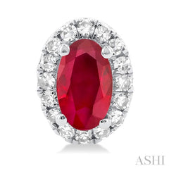 5x3 MM Oval Shape Ruby and 1/8 Ctw Single Cut Diamond Halo Precious Stud Earrings in 14K White Gold