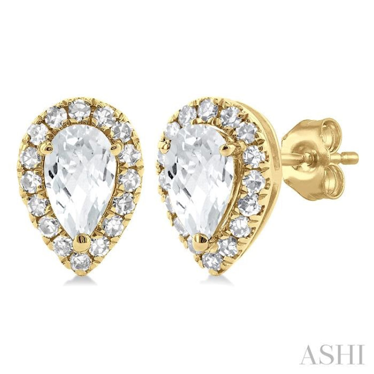 5x3 MM Pear Shape White Topaz and 1/8 Ctw Single Cut Diamond Halo Semi-Precious Stud Earrings in 10K Yellow Gold