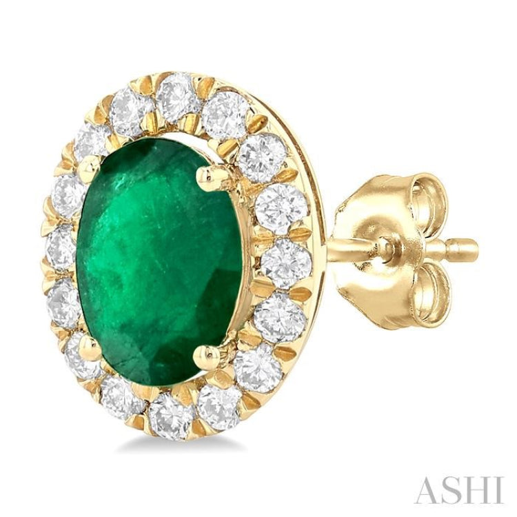6x4 MM Oval Shape Emerald and 1/4 Ctw Round Cut Diamond Halo Precious Stud Earrings in 14K Yellow Gold