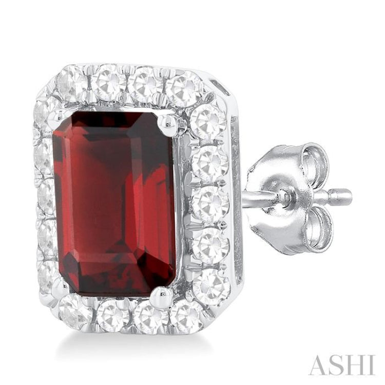 6x4 MM Octagonal Shape Garnet and 1/4 Ctw Round Cut Diamond Halo Semi-Precious Stud Earrings in 14K White Gold