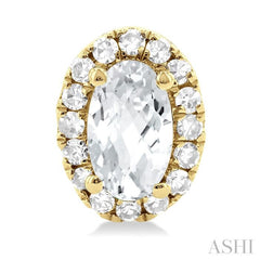 5x3 MM Oval Shape White Topaz and 1/8 Ctw Single Cut Diamond Halo Semi-Precious Stud Earrings in 14K Yellow Gold