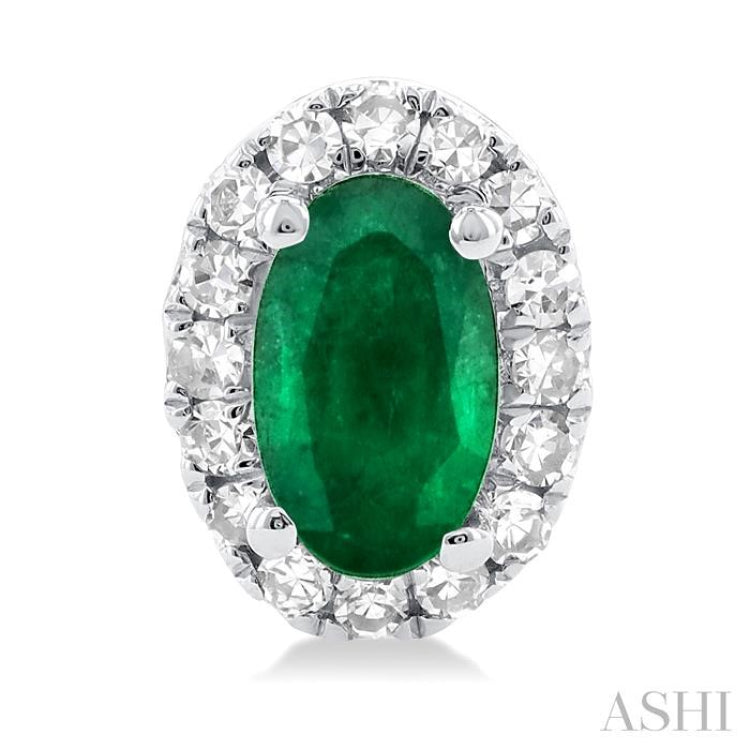 5x3 MM Oval Shape Emerald and 1/8 Ctw Single Cut Diamond Halo Precious Stud Earrings in 10K White Gold