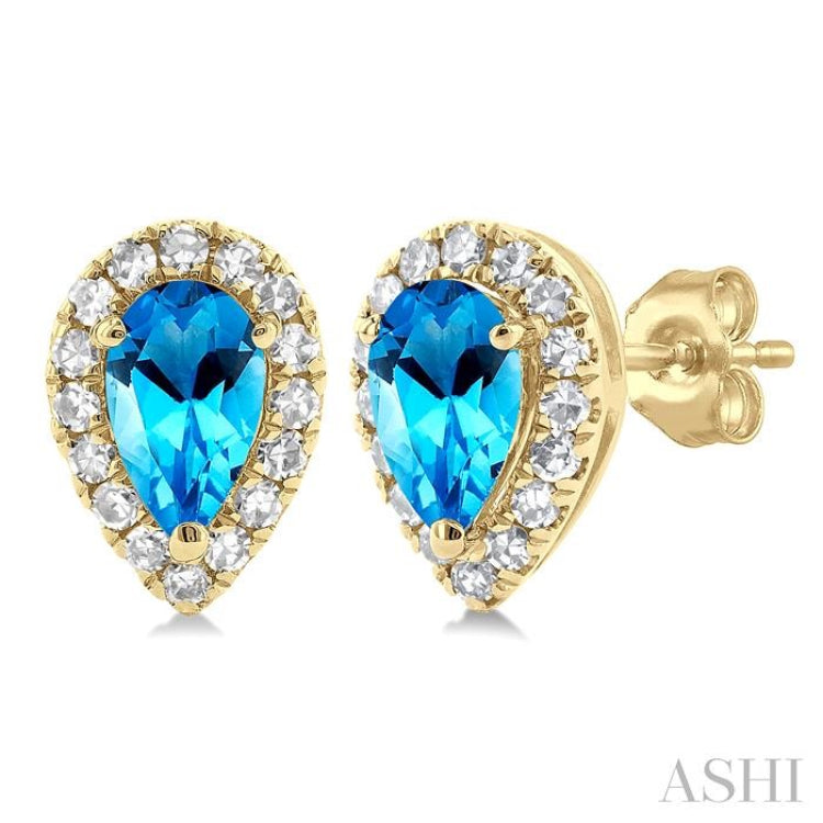 5x3 MM Pear Shape Blue Topaz and 1/8 Ctw Single Cut Diamond Halo Semi-Precious Stud Earrings in 14K Yellow Gold