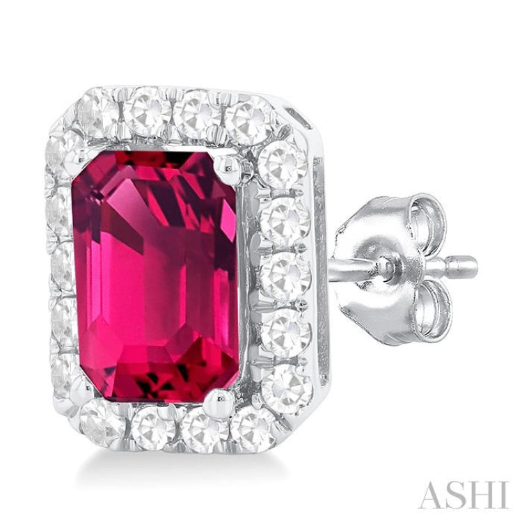6x4 MM Octagonal Shape Pink Tourmaline and 1/4 Ctw Round Cut Diamond Halo Semi-Precious Stud Earrings in 14K White Gold