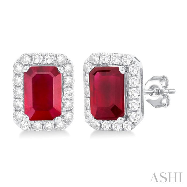 6x4 MM Octagonal Shape Ruby and 1/4 Ctw Round Cut Diamond Halo Precious Stud Earrings in 10K White Gold