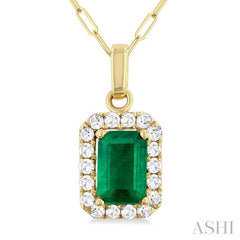 6x4 MM Octagonal Shape Emerald and 1/6 Ctw Round Cut Diamond Halo Precious Pendant with Chain in 10K Yellow Gold