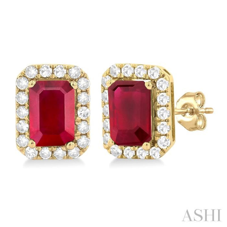 6x4 MM Octagonal Shape Ruby and 1/4 Ctw Round Cut Diamond Halo Precious Stud Earrings in 14K Yellow Gold