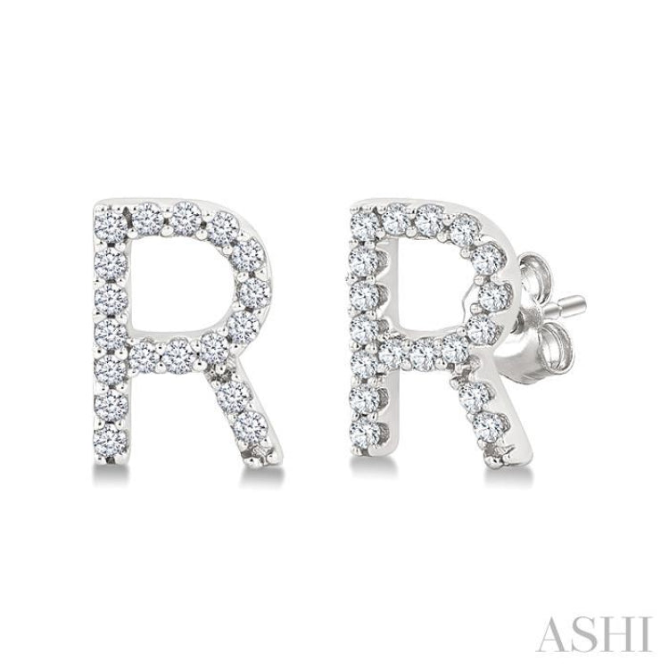 1/10 Ctw Initial 'R' Single Cut Diamond Earrings in 10K White Gold