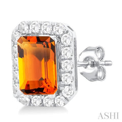6x4 MM Octagonal Shape Citrine and 1/4 Ctw Round Cut Diamond Halo Semi-Precious Stud Earrings in 14K White Gold