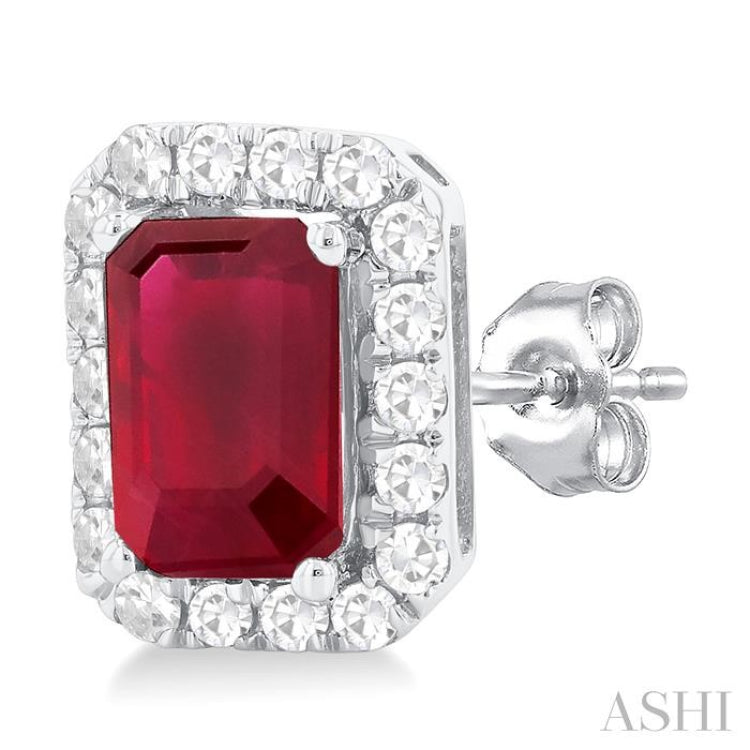 6x4 MM Octagonal Shape Ruby and 1/4 Ctw Round Cut Diamond Halo Precious Stud Earrings in 14K White Gold