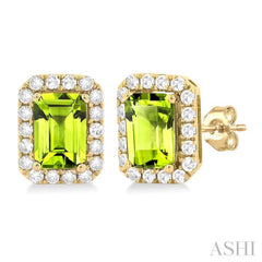 6x4 MM Octagonal Shape Peridot and 1/4 Ctw Round Cut Diamond Halo Semi-Precious Stud Earrings in 14K Yellow Gold