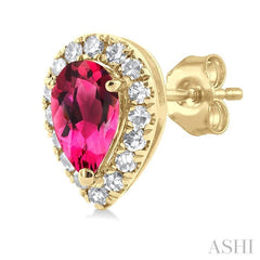 5x3 MM Pear Shape Pink Tourmaline and 1/8 Ctw Single Cut Diamond Halo Semi-Precious Stud Earrings in 14K Yellow Gold