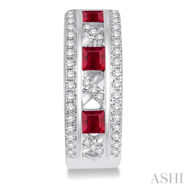 2.4x2.4 MM Princess Cut Ruby and 1/3 Ctw Round Cut Diamond Precious Earrings in 14K White Gold