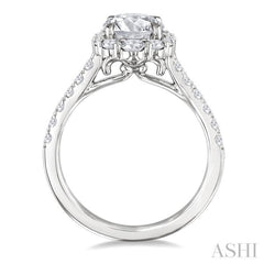 3/4 Ctw Scalloped Oval Centerpiece Circular Shape Round Cut Diamond Semi-Mount Engagement Ring in 14K White Gold