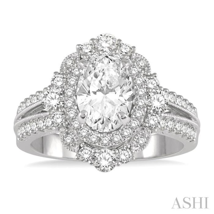 7/8 Ctw Oval Round Cut Diamond Semi-Mount Engagement Ring in 14K White Gold