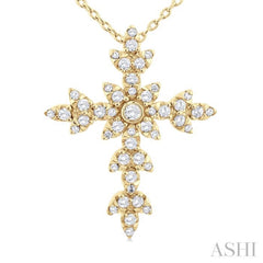 1/4 Ctw Floral Leaf Cross Round Cut Diamond Fashion Pendant With Chain in 14K Yellow Gold