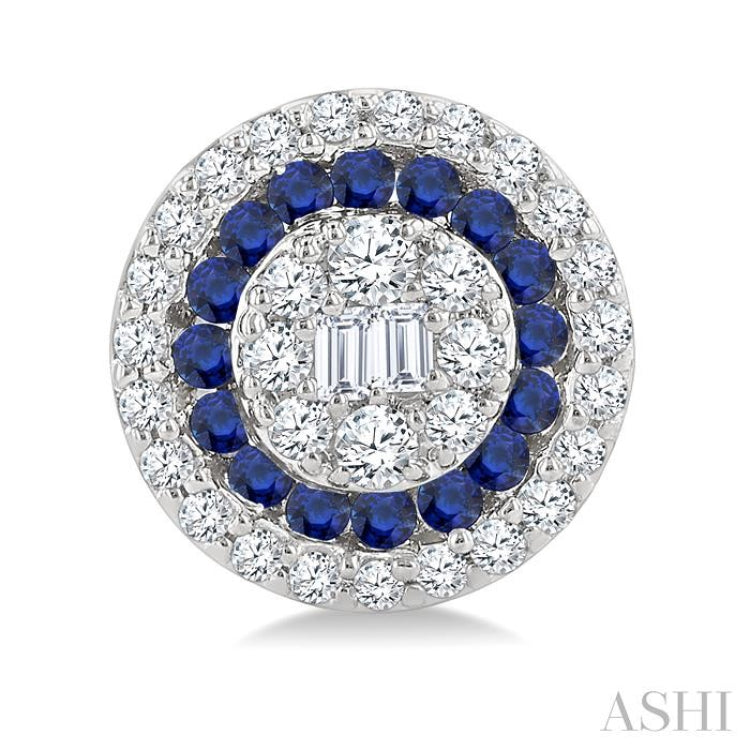 1/3 Ctw Circular Shape 1.00MM Round Cut Sapphire, Baguette and Round Cut Diamond Fusion Precious Stud Earrings in 14K White Gold
