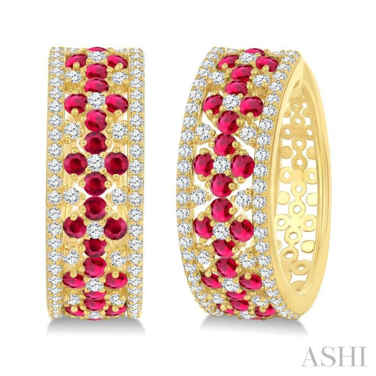 3/4 Ctw Floral Panel 1.80MM Round Cut Ruby and Round Cut Diamond Precious Hoop Earring in 14K Yellow Gold